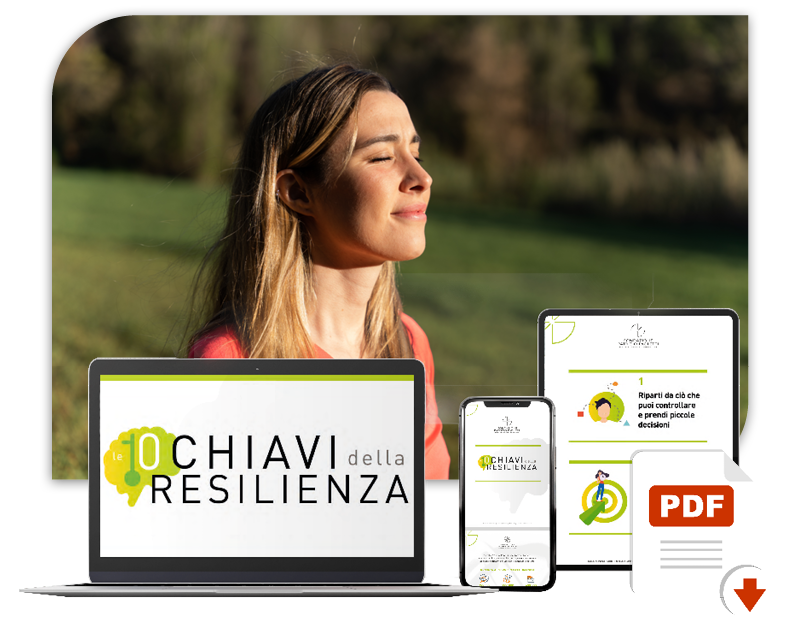 PDF de Le 10 chiavi della Resilienza visualizzato su diversi dispositivi con immagine di donna sullo sfondo