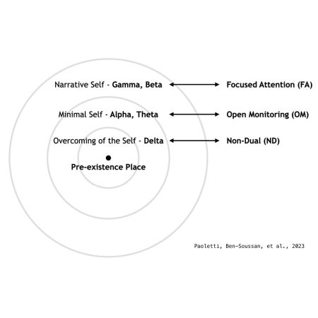 elettrotopografia del sé che associa i diversi tipi di meditazione alle dimensioni del Sé Narrativo, Sé Minimo e Superamento del Sé